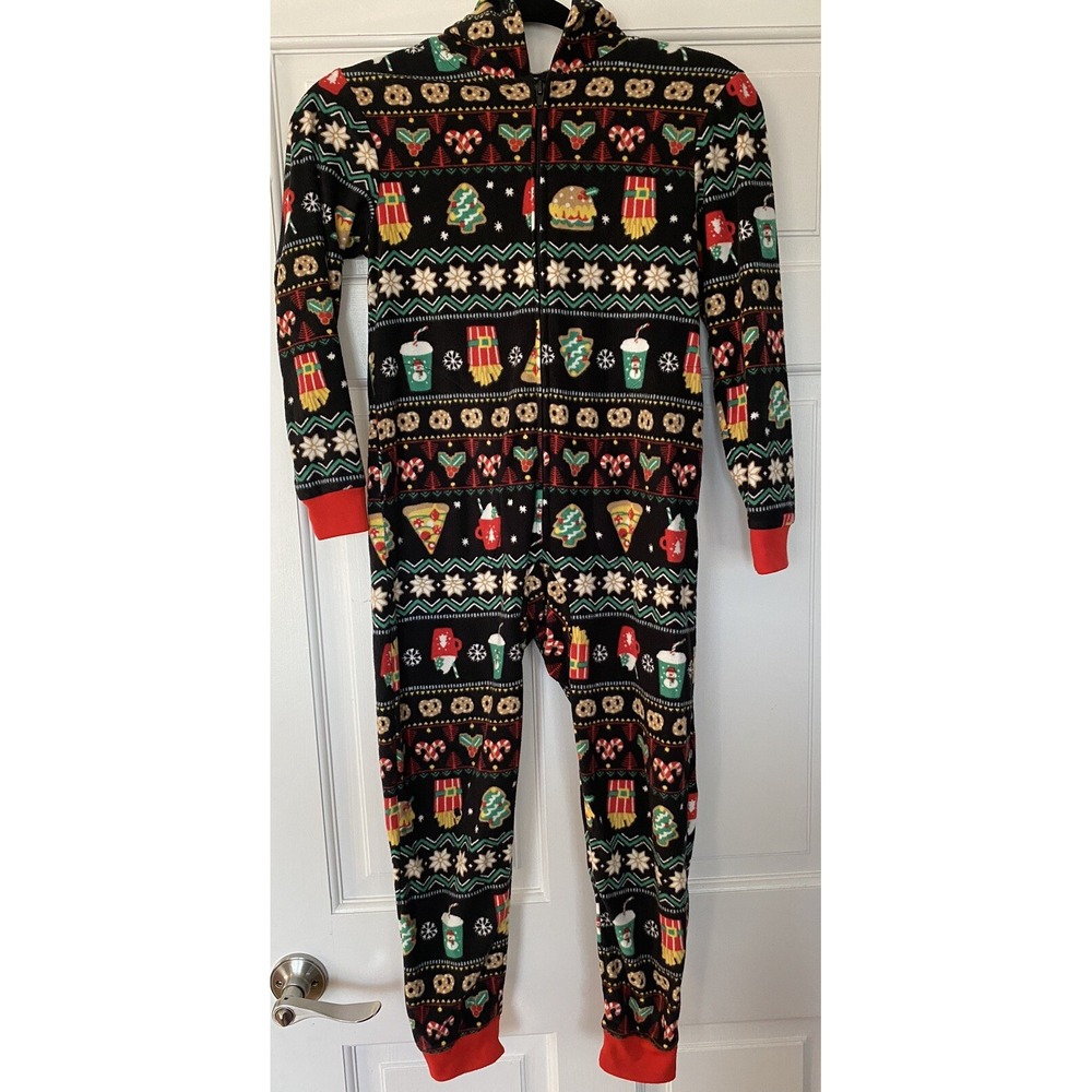 Cat and Jack Kids Christmas Union Suit Sleepwear SZ S (6/7) Hooded Pockets Black